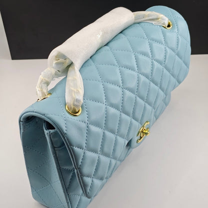 CHANEL CLASSIC 11.12 HANDBAG GOLD TONE METAL LIGHT BLUE 30CM