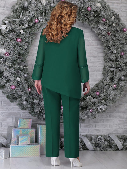 V-Neck Solid Color Hem Irregular Top And Trousers Suit