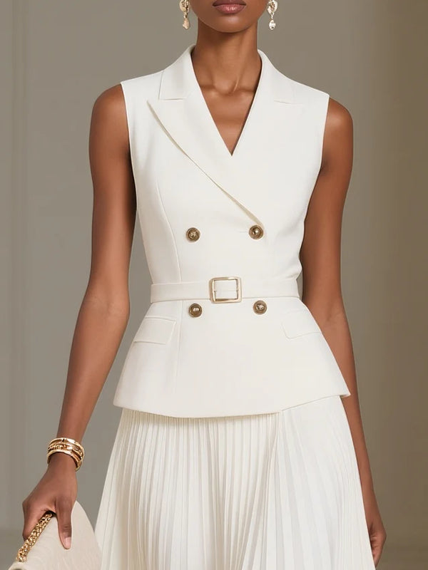 Women's Solid Color Lapel Sleeveless Double-breasted Pleated Skirt Two-piece Set