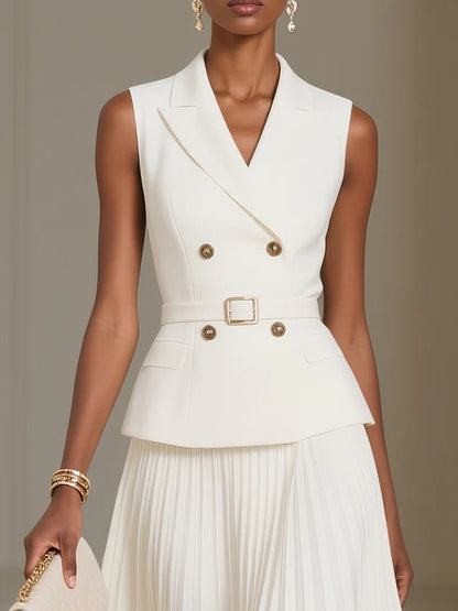 Women's Solid Color Lapel Sleeveless Double-breasted Pleated Skirt Two-piece Set