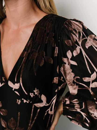 V-neck Corduroy Print Maxi Dress