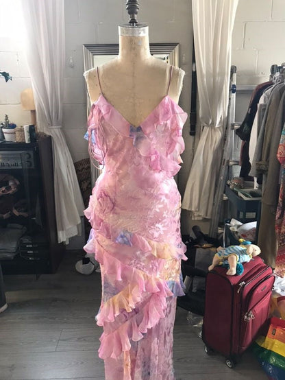 Dreamy elegant spaghetti strap pink layered ruffle maxi dress long chiffon evening gown Prom Dress gh2905