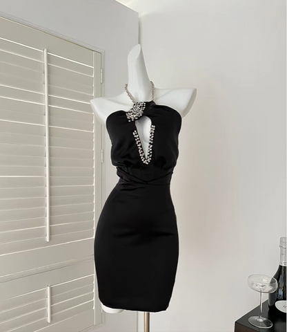 Black Fashion Sexy Deep V Heavy Diamond Short Satin Homecoming Dress Birthday Party Dress Cocktail Party Dress Evening Dress gh3962