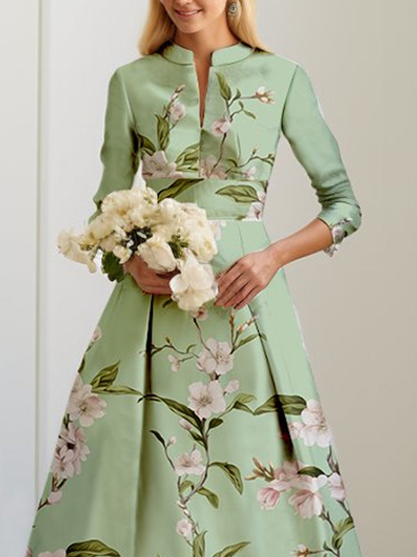 Simple Retro Long Sleeves Satin Print Dress