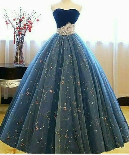 Blue shiny sweet cute charming exquisite floral tulle A-line long prom dress evening dress 16-year-old adult ceremony dress gh3554