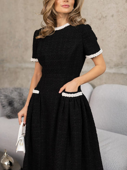 Tweed Pearl Puffy Skirt Midi Dress
