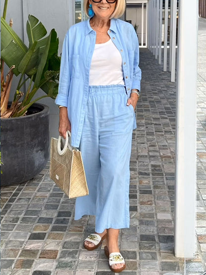 Solid Color Cotton Linen Shirt Women's Sets