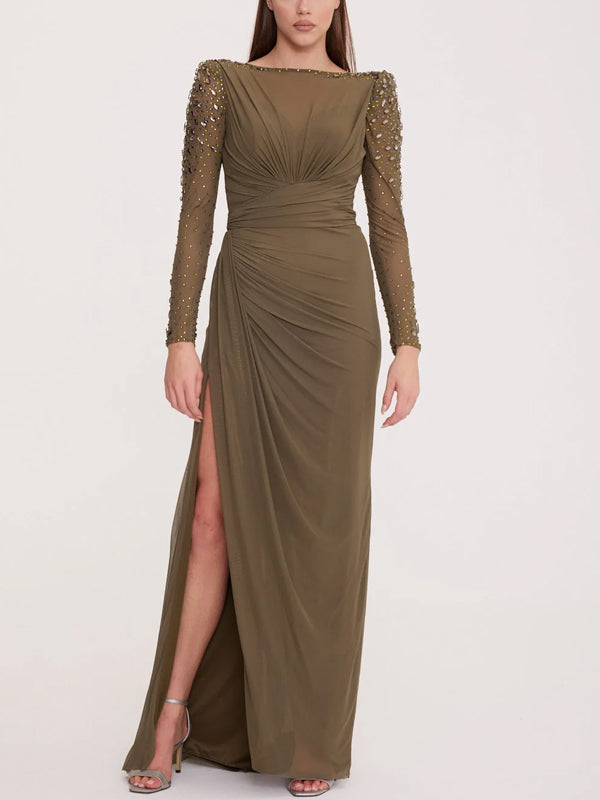 Round Neck Solid Color Sequined Chiffon Maxi Dress