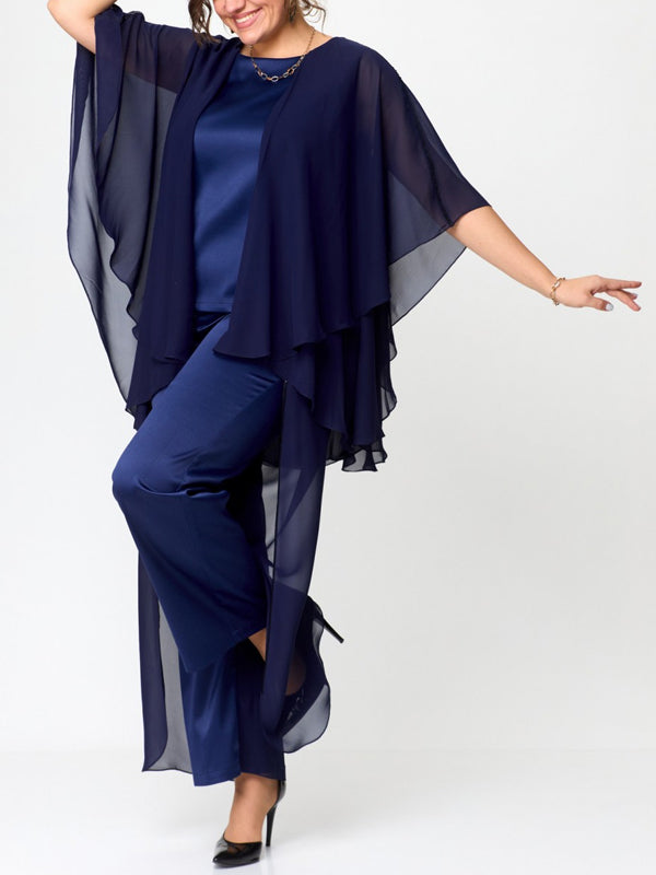 Round Neck Solid Color Chiffon Top And Trousers Suit