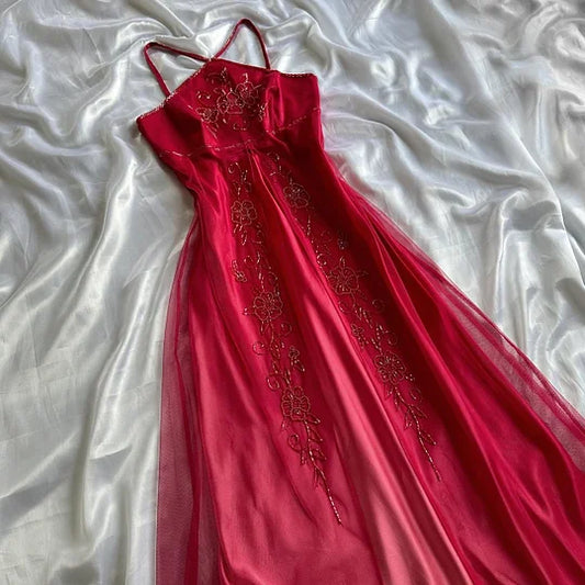 Red shiny exquisite elegant beaded fashion strap long chiffon ball gown, evening dress, party dress gh3516