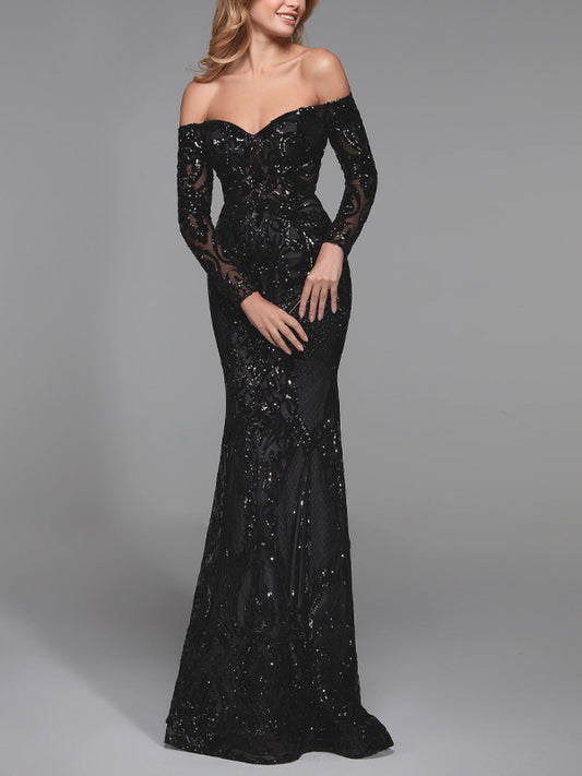 One-shoulder Long-sleeve Solid Color Bodysuit Long Dress