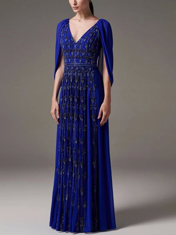 V-neck Solid Color Sequins Maxi Dress