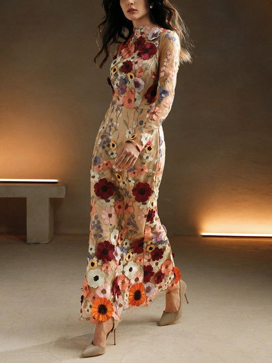 Women Elegant Mesh Flower Embroidery Long Dress