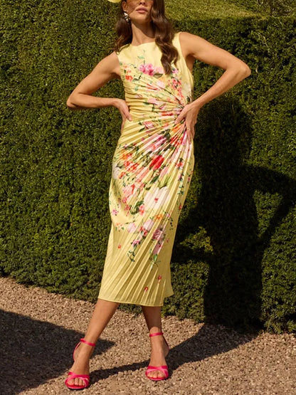 Pleated Floral Midi Dress With Pleat Detail