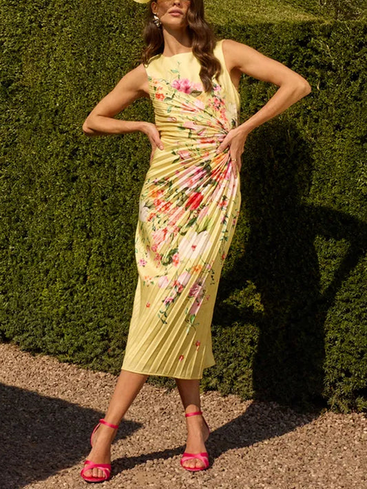 Pleated Floral Midi Dress With Pleat Detail