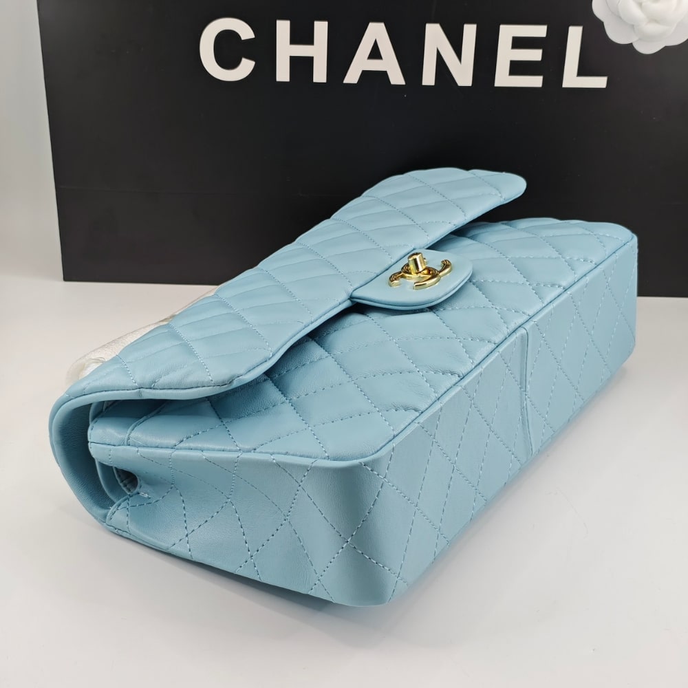 CHANEL CLASSIC 11.12 HANDBAG GOLD TONE METAL LIGHT BLUE 30CM