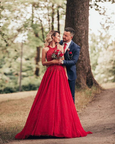 Red Halter Applique Beaded Long Prom Dresses