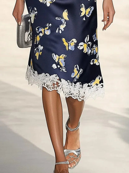 Satin Dress with Butterfly Print and White Lace Trim