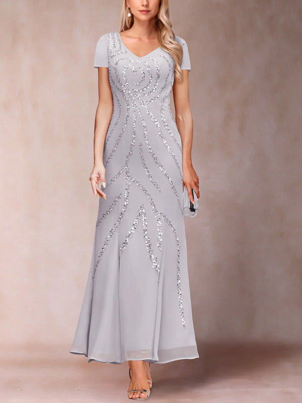 V-neck Sequin Solid Color Dress Top Suit