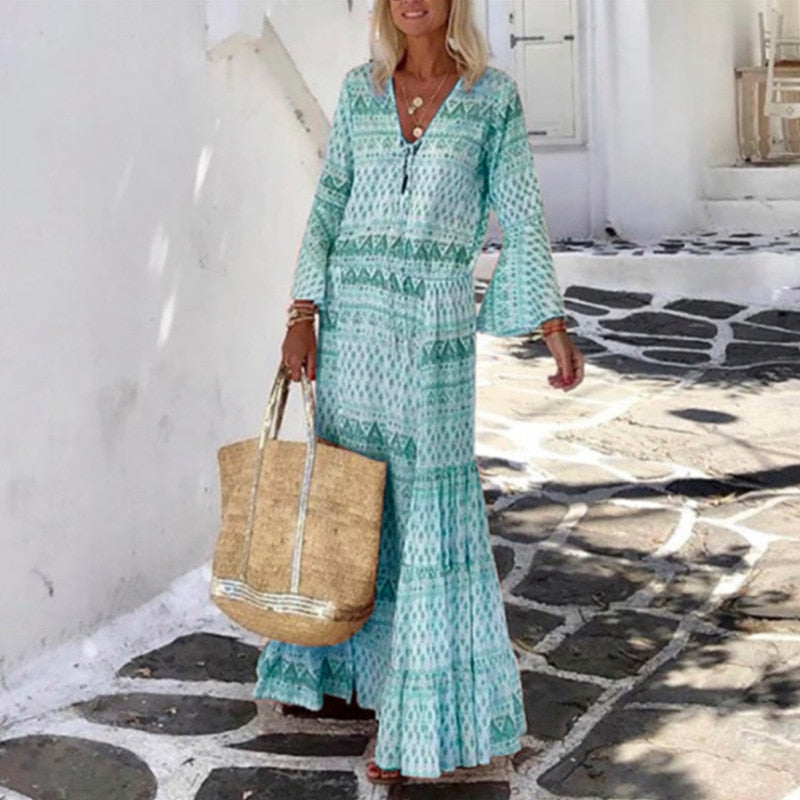 loveedsTM-Women Vintage Geometric Print Long Party Dress Elegant Flare Sleeve Long Beach Dress  Sexy Spring Summer V Neck Maxi Dresses