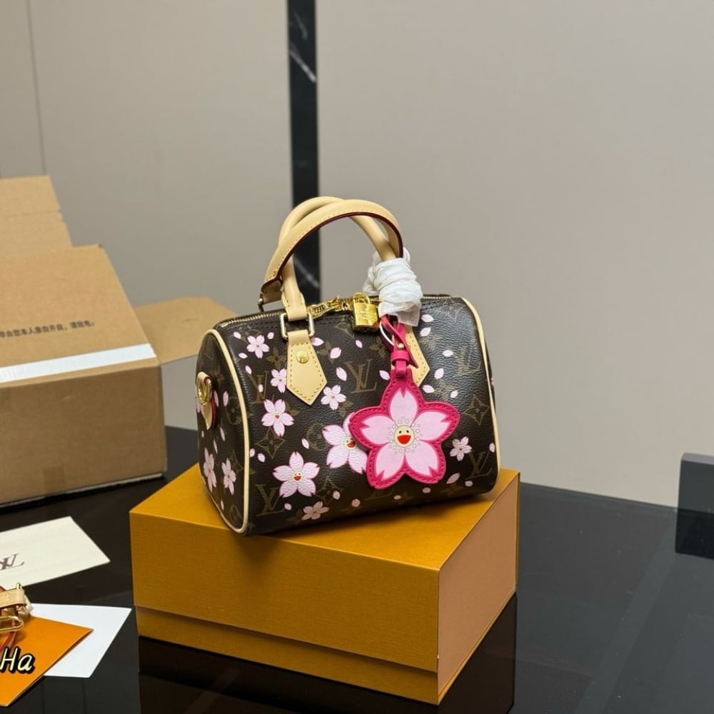 LOUIS VUITTON X MURAKAMI SPEEDY BANDOULIÈRE 25 CHERRY BLOSSOM MONOGRAM COATED CANVAS SAKURA BROWN 25CM M14174