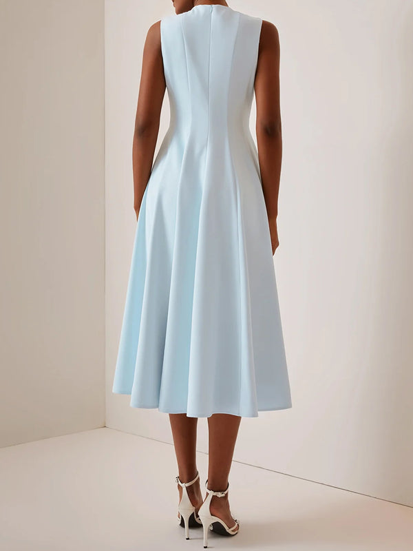 Ruched Crew Neck Sleeveless A-Line Midi Dress