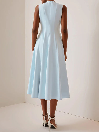 Ruched Crew Neck Sleeveless A-Line Midi Dress