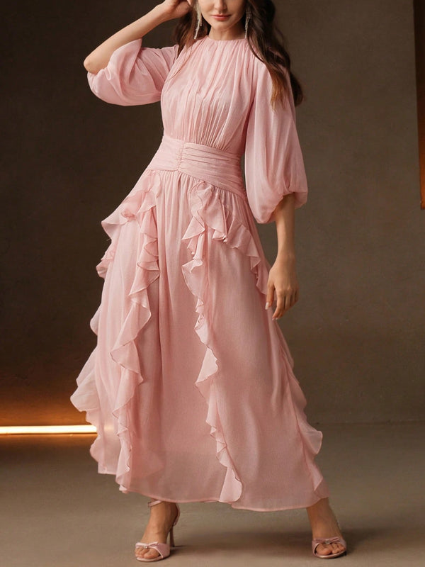 Elegant Women's Balloon Sleeve Waist Cinched Pink Loose Flare Dress