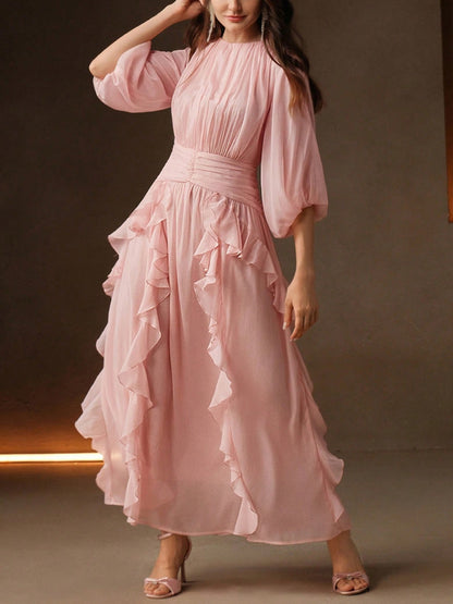 Elegant Women's Balloon Sleeve Waist Cinched Pink Loose Flare Dress