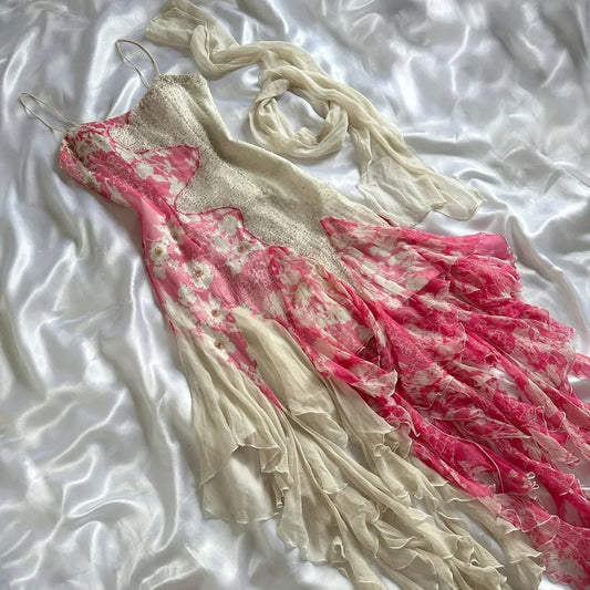Pink and White Exquisite Beaded Floral Elegant Long Tassel Ruffle Chiffon Ball Gown Evening Dress Party Dress Prom Dress gh3718