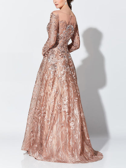 Round Neck Lace Long Sleeve Maxi Dress