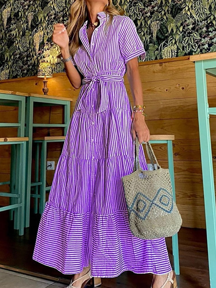 loveedsTM-Women Elegant Striped Short Sleeve Maxi Dress New Fashion Lace-Up Belt Party Dress Sexy Loose Hem Shirt Long Dress Vestidos