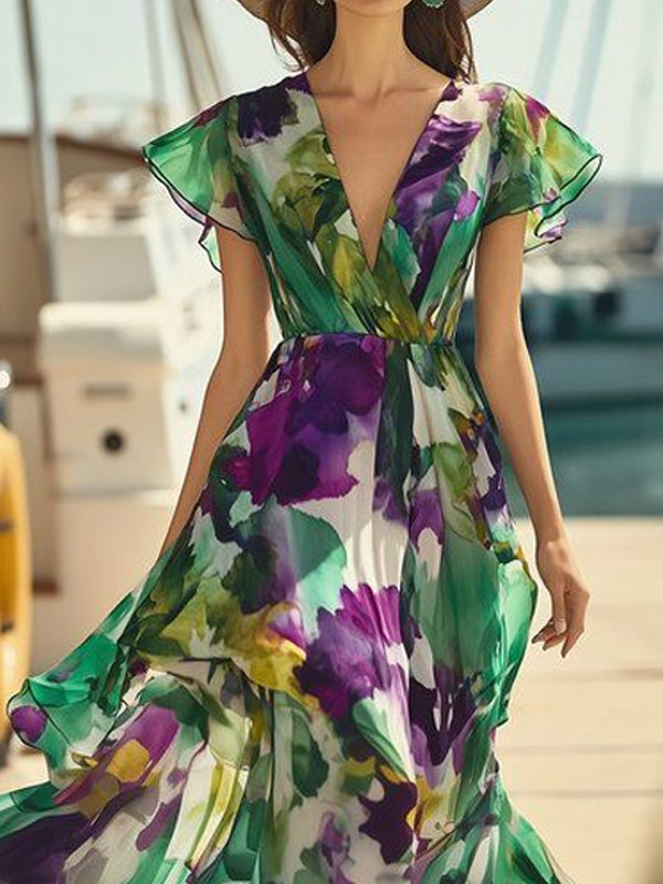 V-neck Holiday Chiffon Print Women's Dress