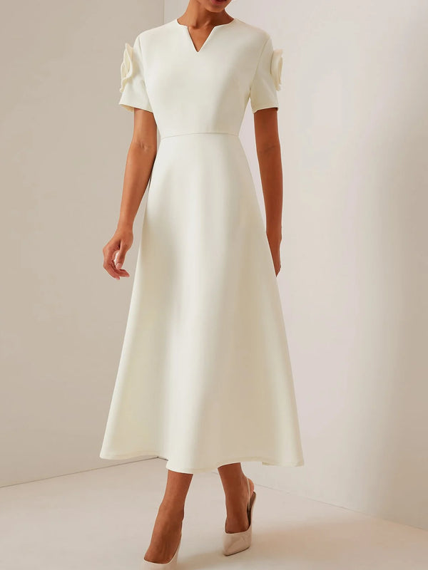 Off-White 3D Floral Short Sleeve V Neck A-Line Maxi Dress