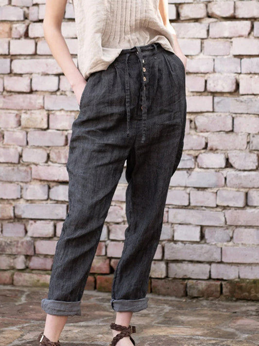 Solid Color Cotton And Linen Leggings