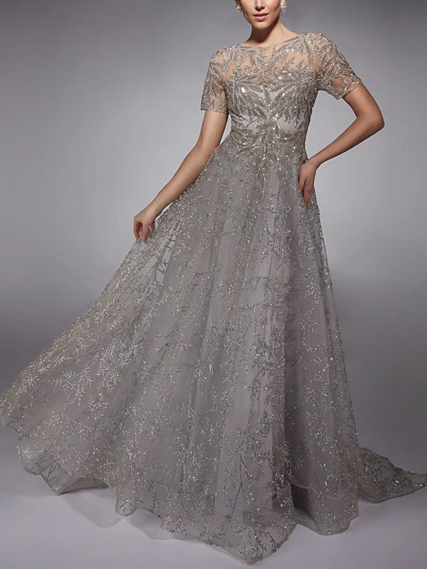 Round Neck Short Sleeve Sequined Mesh Maxi Dress