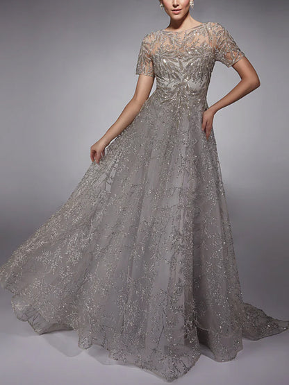 Round Neck Short Sleeve Sequined Mesh Maxi Dress