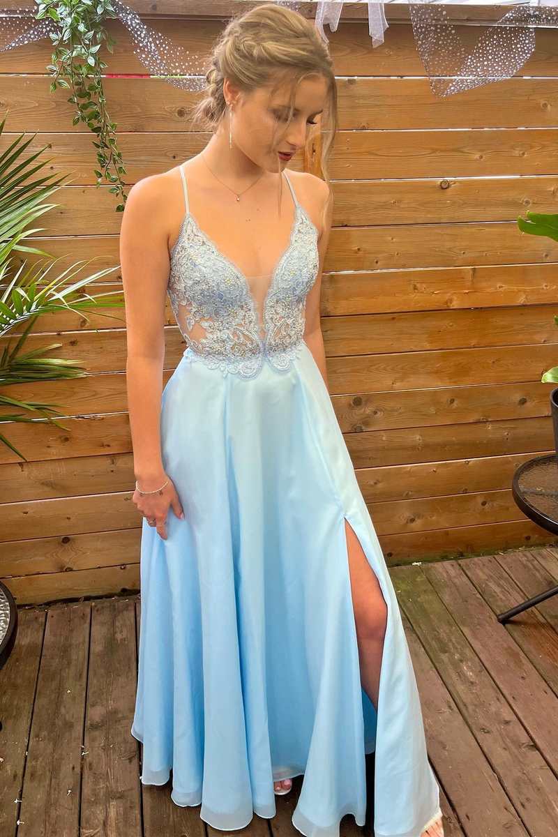 Elegant Light Blue Lace V Neck A-Line Prom Dress with Slit