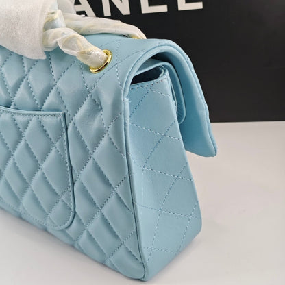 CHANEL CLASSIC 11.12 HANDBAG GOLD TONE METAL LIGHT BLUE 30CM