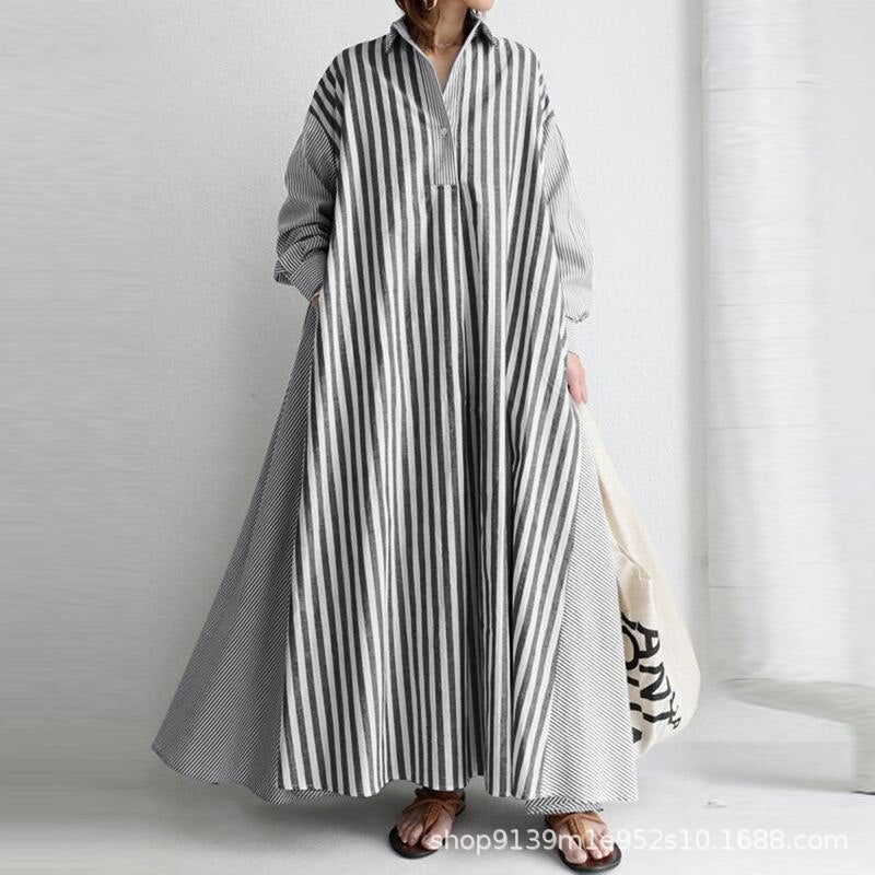 loveedsTM - Autumn Casual Loose Maxi Dress Women Vintage Turn-down Collar Striped Shirt Boho Beach Wedding Long Office Vestidos