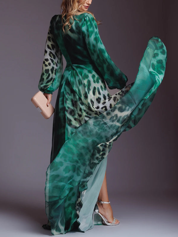 Round Neck Long Sleeves Leopard Print Maxi Dress