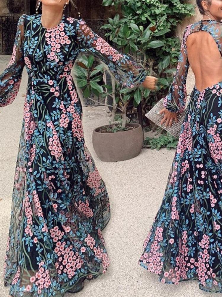 loveedsTM-Vintage Chic Women Floral Print O-neck Backless Sexy Bohemian Evening Dress Robe Lady Long Sleeve Boho Dresses Vestidos