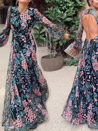 loveedsTM-Vintage Chic Women Floral Print O-neck Backless Sexy Bohemian Evening Dress Robe Lady Long Sleeve Boho Dresses Vestidos