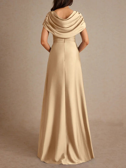 Champagne A-Line Pleated Stretch Satin Dress