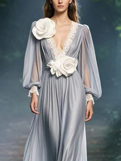 V-neck Floral Chiffon Large Flower Dress