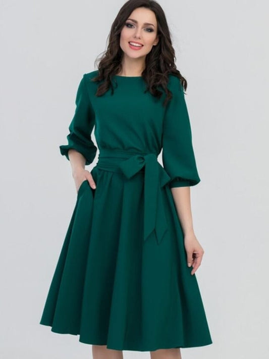 loveedsTM- 2024 Summer Dress Women&#39;s Vintage Dress Round Neck Long Sleeve Elegant Lace Up Solid Color New Green Maxi Dresses for Women