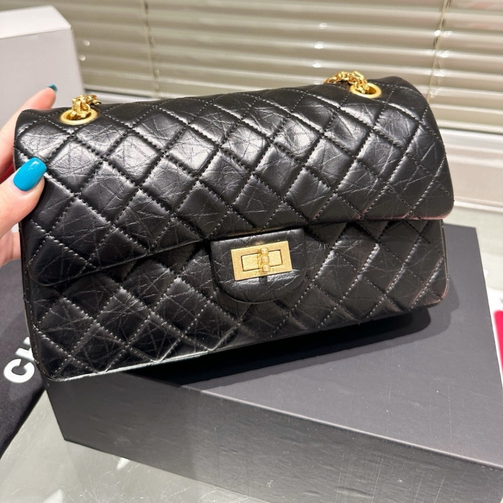 CHANEL 2.55 HANDBAG GOLD TONE METAL BLACK 24CM A37586 Y04634 C3906