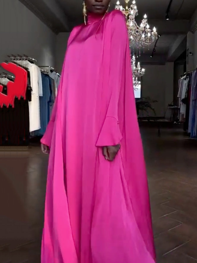 loveedsTM- Flared Sleeves Long Sleeves Solid Color High-Neck Maxi Dresses