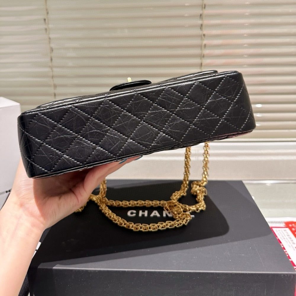 CHANEL 2.55 HANDBAG GOLD TONE METAL BLACK 24CM A37586 Y04634 C3906
