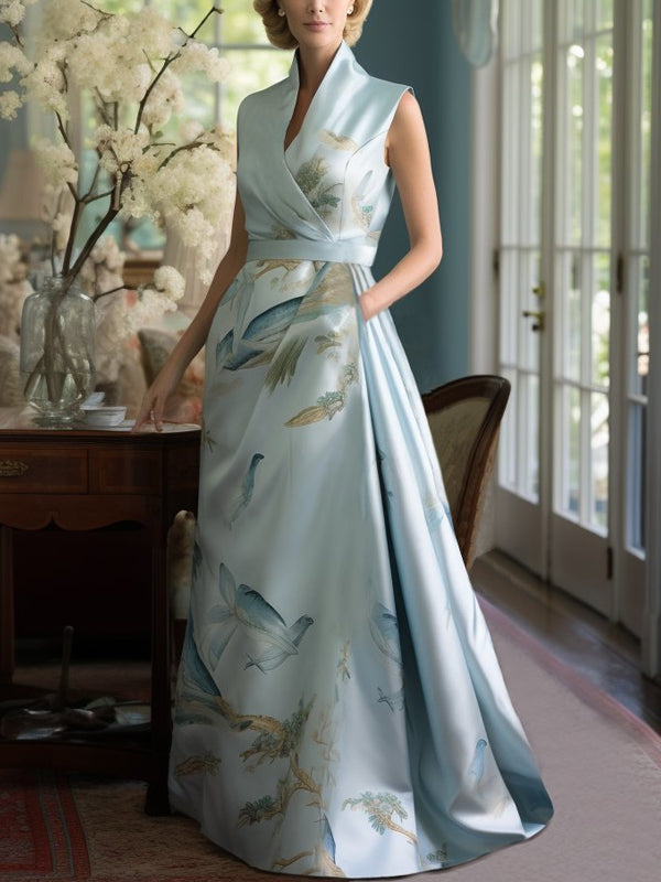 V-neck Elegant Trailing Satin Print Dress